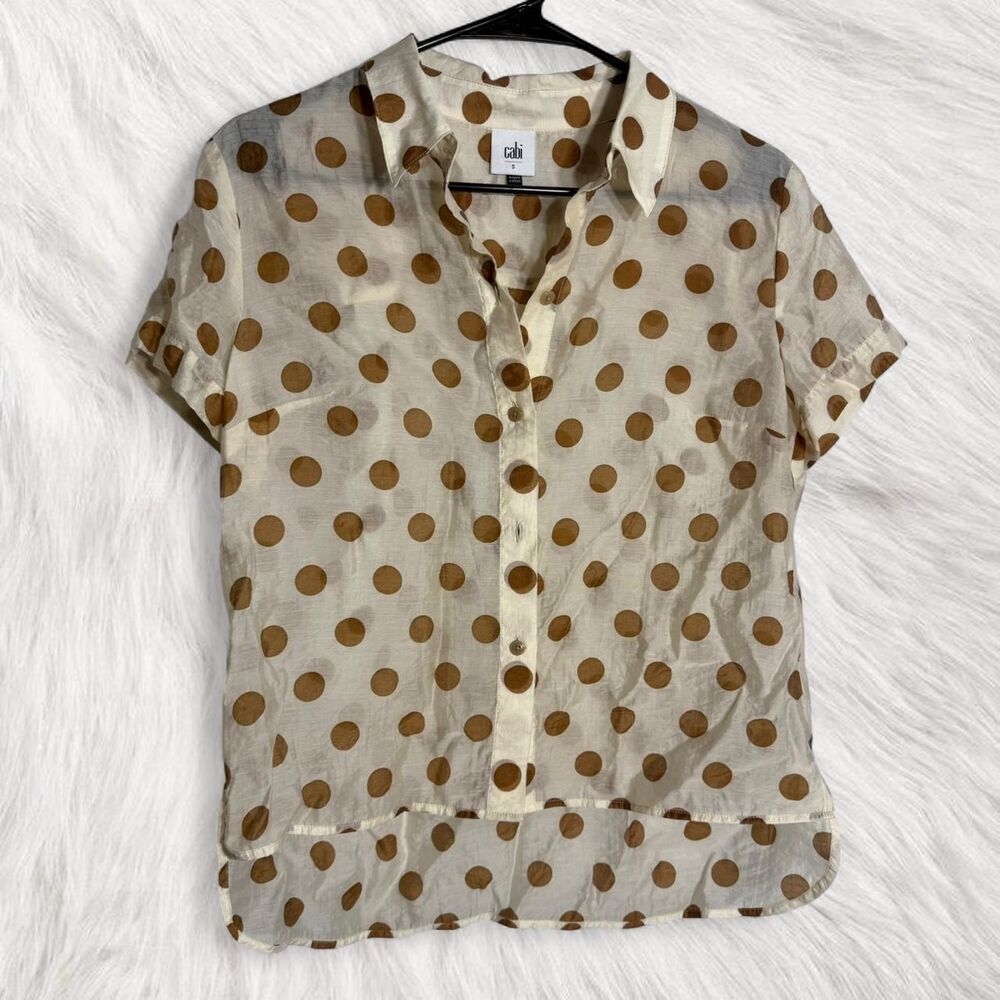 Cabi by Anthropologie Vintage style brown polka dot blouse size S silky preppy